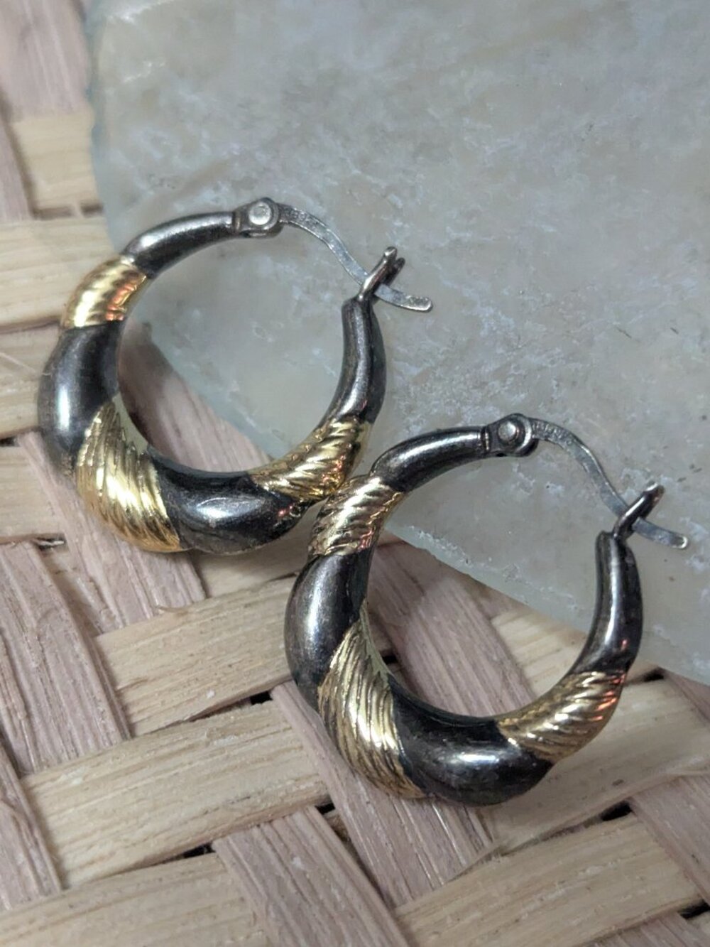 90s 925 Gold Plated 15mm Woven Hoop Earrings Sterling Silver Pierced Prong